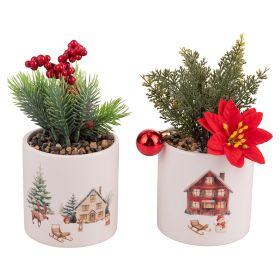 Piantina grassa artificiale, vaso in ceramica, Winter Village