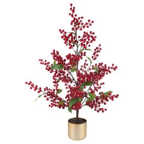 Pianta natalizia artificiale bacche rosse e foglie h. 90 cm con vaso, Santa&#39;s House